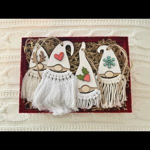 Set of four Macrame Gnome wood Ornaments